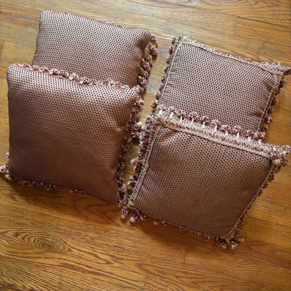 Set of 4 Vintage Throw Pillows Beige Burgundy Dot Fringe Tassel 12x12
